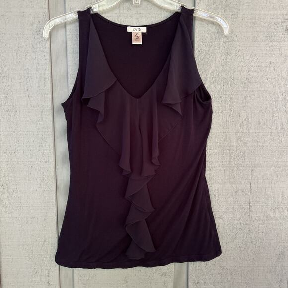 Cache Top womens size XS sleeveless black Jersey Chiffon Waterfall Ruffle Witchy - Picture 2 of 8